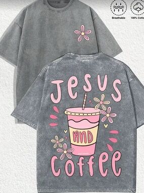 Woman’s'Jesus and Coffee' Graphic Tee - Pink on Washed Gray